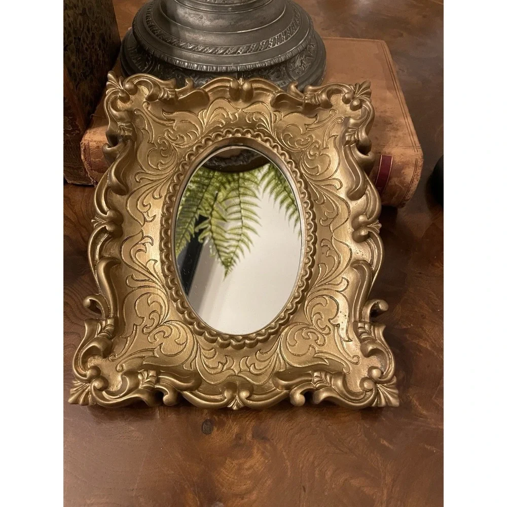 Vtg Ornate Gold Hollywood Regency Scroll Etched Design Resin Wall Mirror 7.5x9